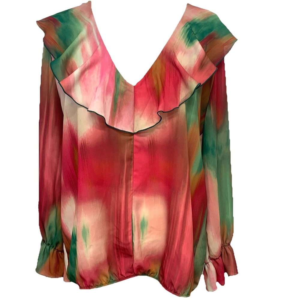 Sweet Pea by Stacy Frati Ruffle V Neck Blouse Woman Large Tie Dye Colorful Boho
